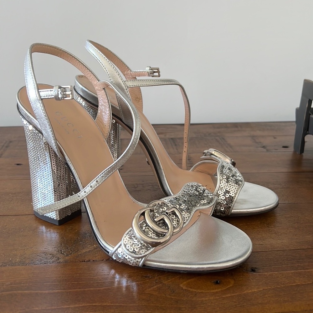 Silver Gucci marmont block heel sandals